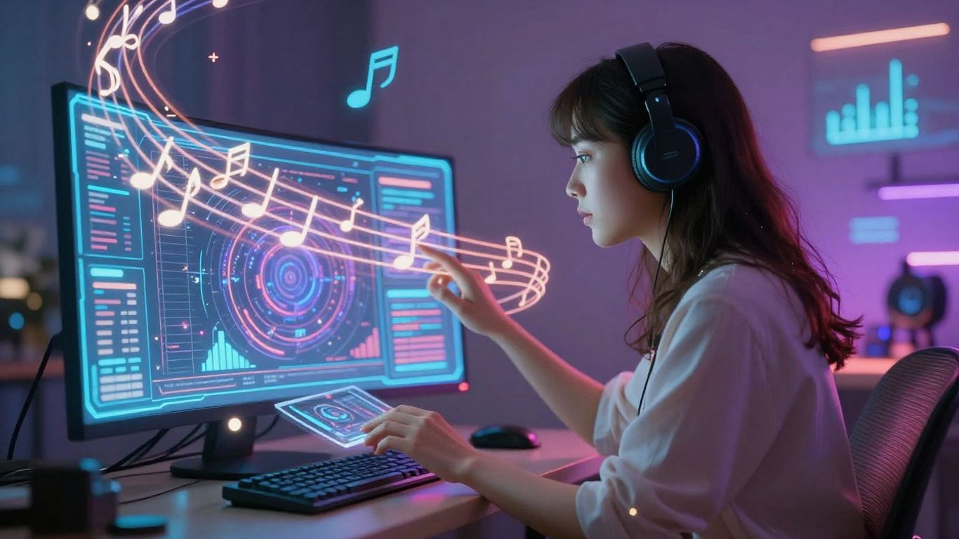AI music video generator interface with musical notes.