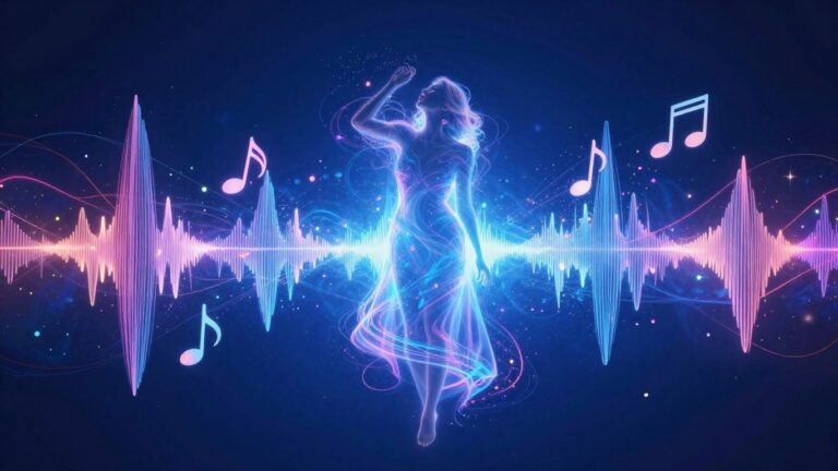 Abstract sound waves turning into musical notes.