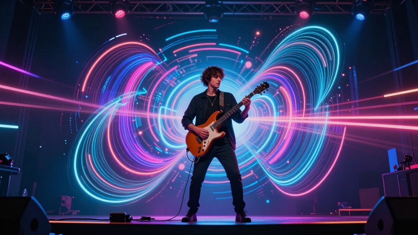 Musician with AI-generated visuals on stage.