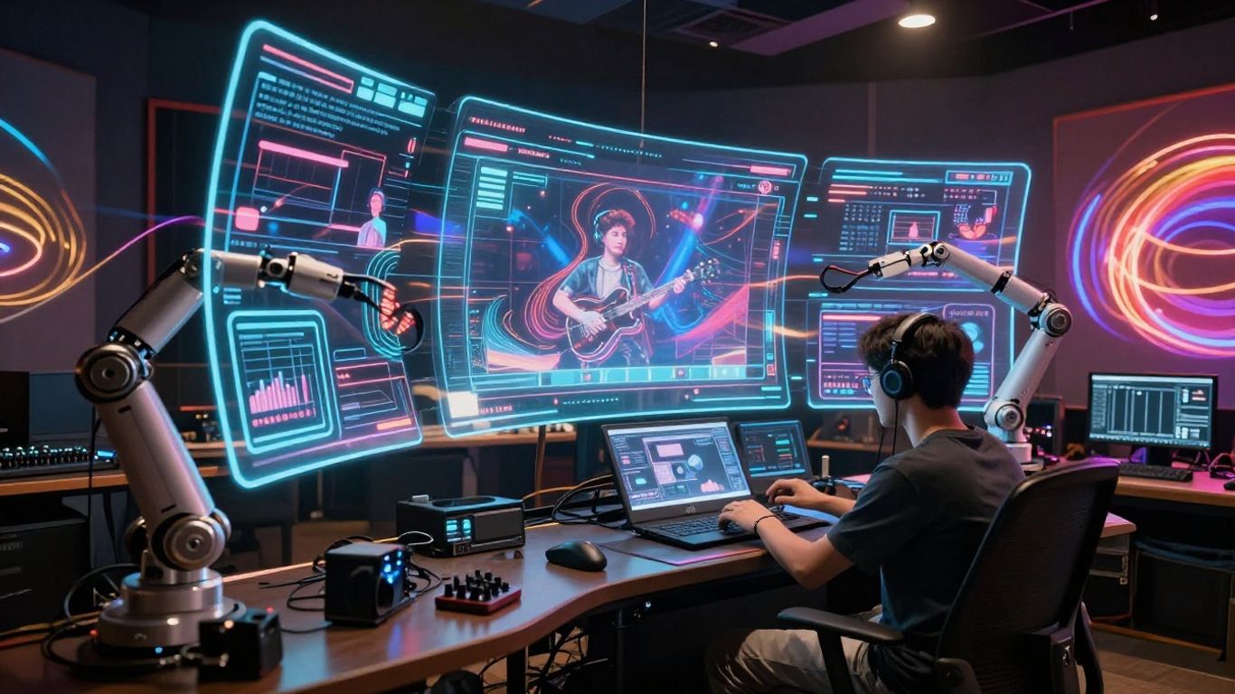 AI music video production studio with futuristic technology.