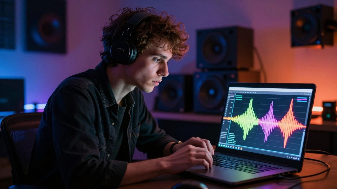 Musician using AI tool on laptop for music creation.