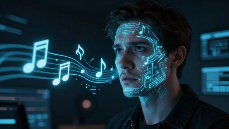 Musician looking worried at AI music interface