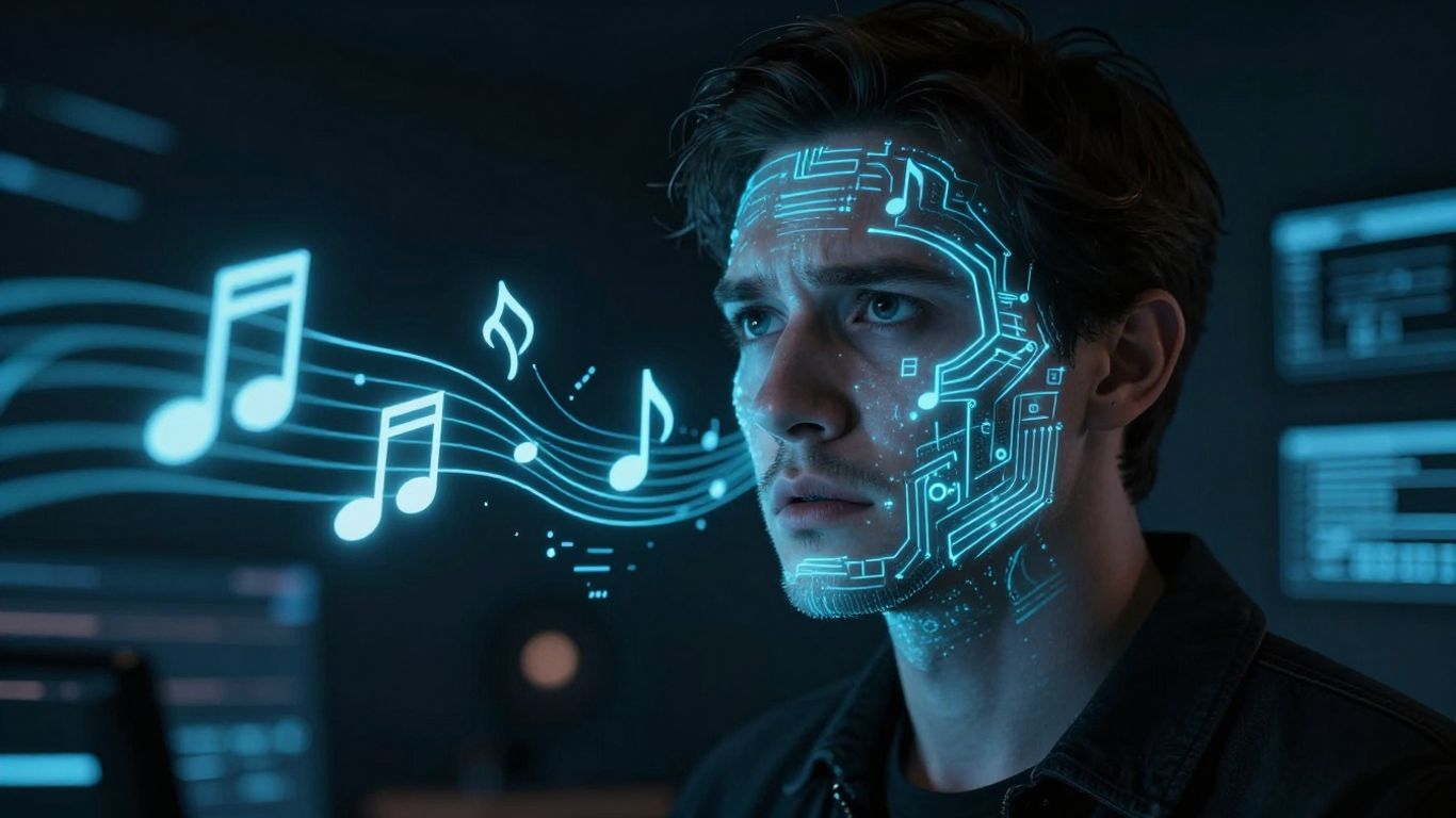 Musician looking worried at AI music interface